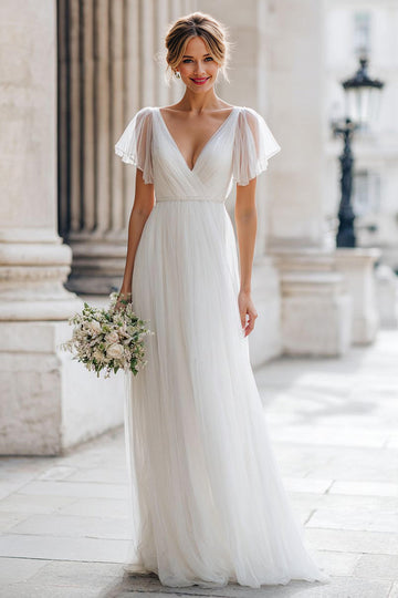 Ivory V-Neck A Line Short Sleeve Wedding Dress